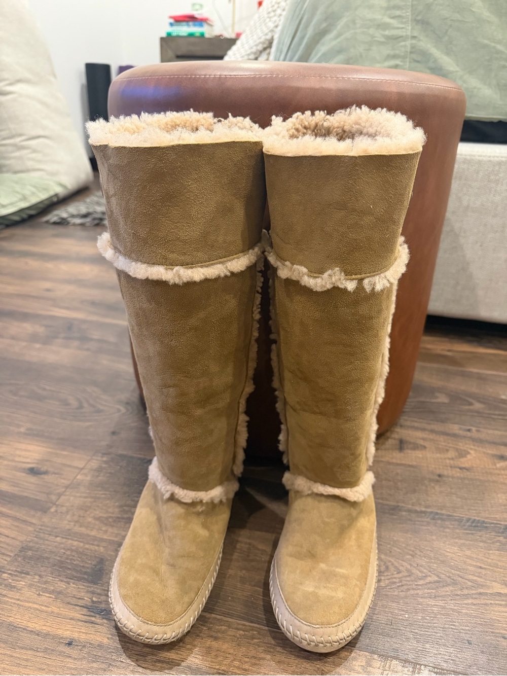 Tory Burch Tall Suede Shearling-Trim Boots in Tan & Cream